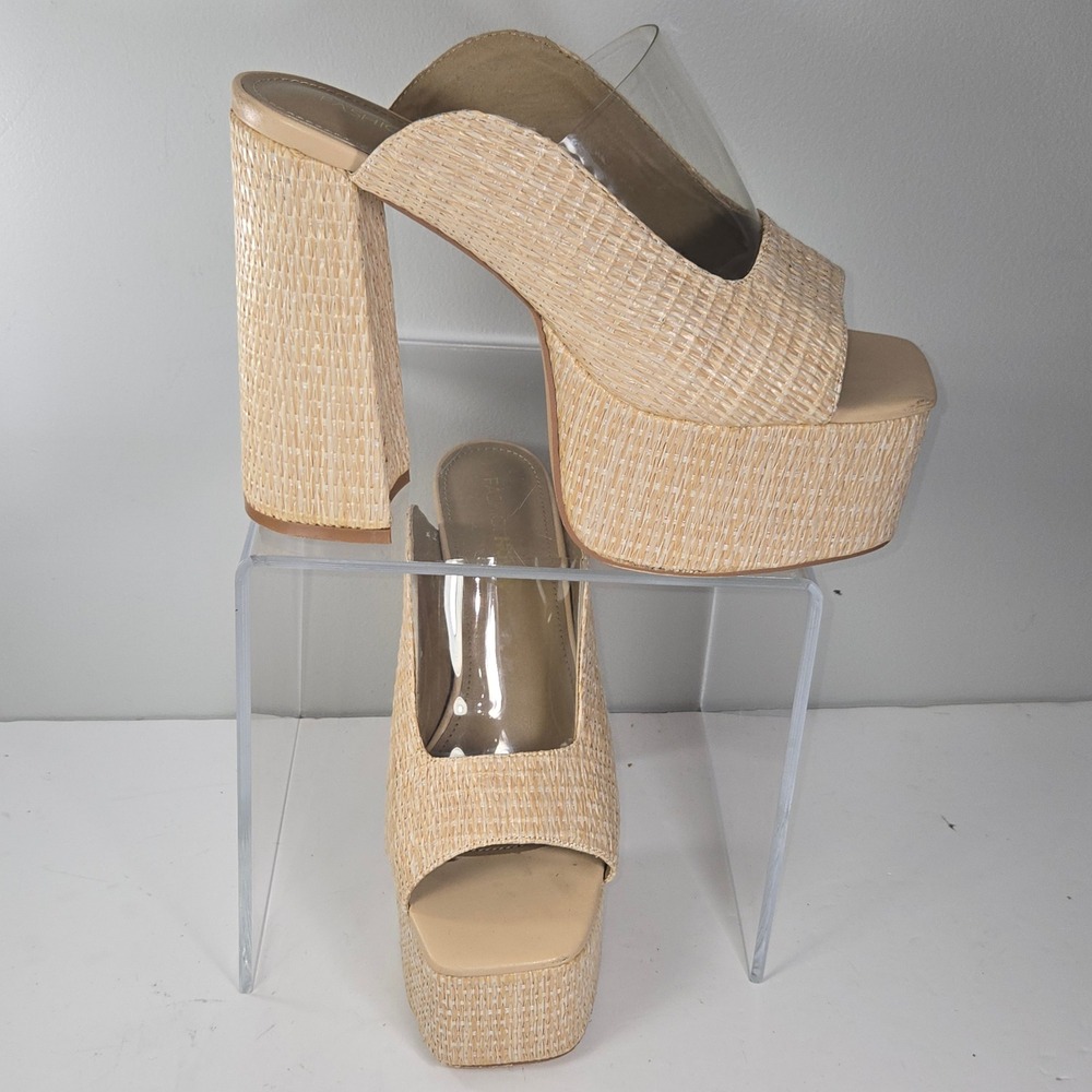 Fashion Nova Destination-N Tan Raffia Platform Mules Clear‎ Strap Block Heel 10